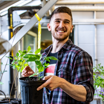 A biology student studies a plant in one of the University's greenhouses